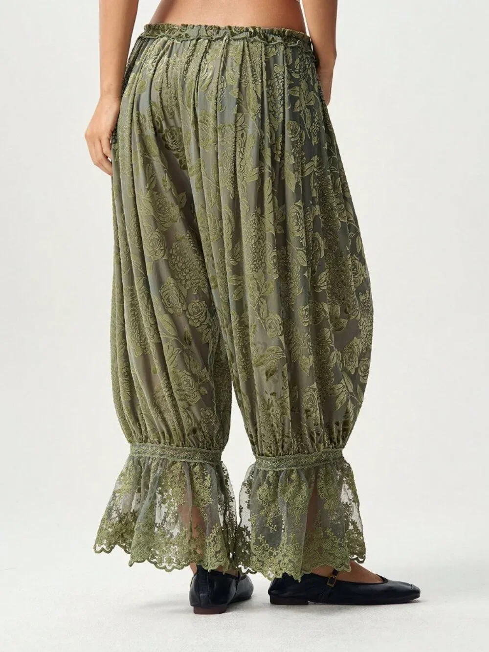 Green Casual Women's Boho Drawstring Waist Floral Lace Patchwork Long Pants